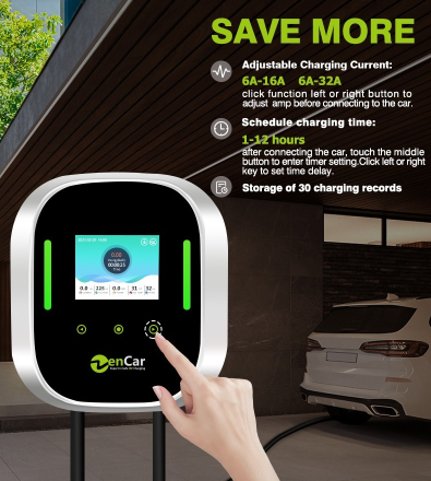 ZENCAR wallbox 6-32A / 22 kW 3 fázisú okos fali töltő 7 méteres Type 2 kábellel (Wifi, applikáció, RFID)