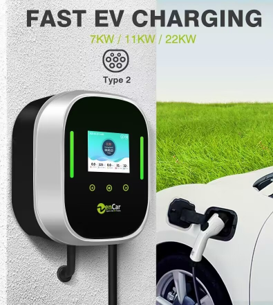 ZENCAR wallbox 6-32A / 22 kW 3 fázisú okos fali töltő 7 méteres Type 2 kábellel (Wifi, applikáció, RFID)