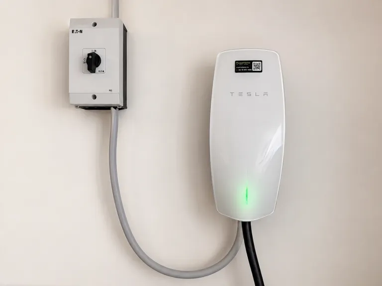 Tesla Wall Connector fali töltő krémszínű falon, mellette Eaton leválasztó kapcsoló, a kábel szürke védőcsőben, a töltőn PulseHome szervizmatrica