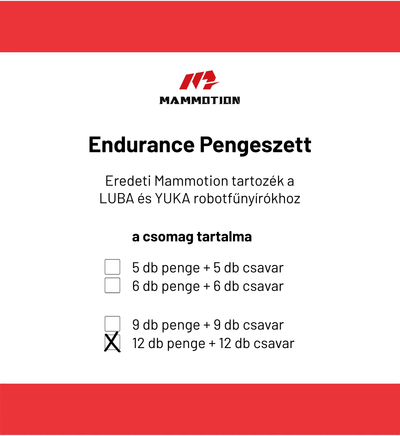 Mammotion Endurance pengeszett, a kártyán a 12 db penge + 12 db csavar kiszerelés bejelölve