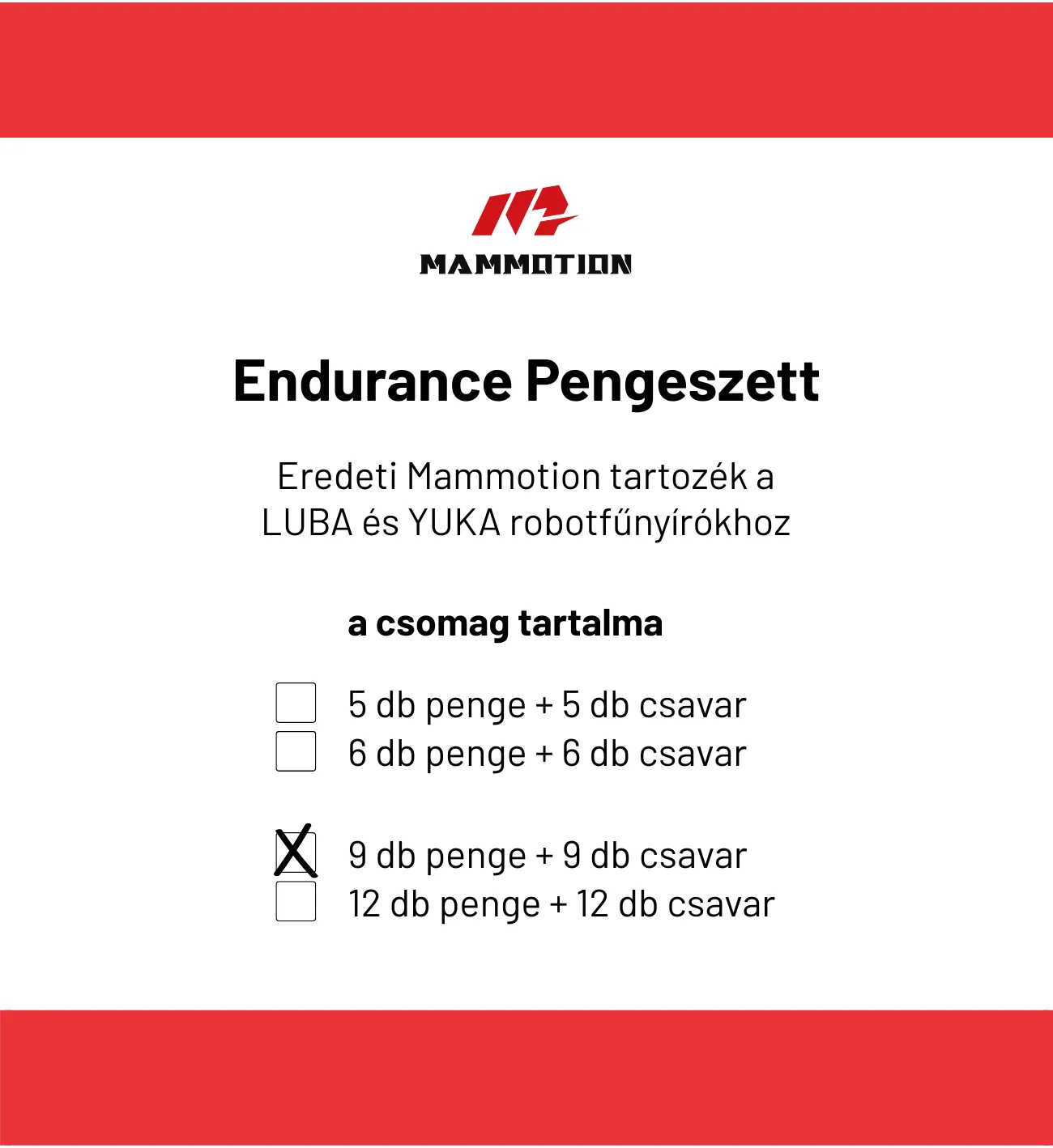 Mammotion Endurance pengeszett, a kártyán a 9 db penge + 9 db csavar kiszerelés bejelölve