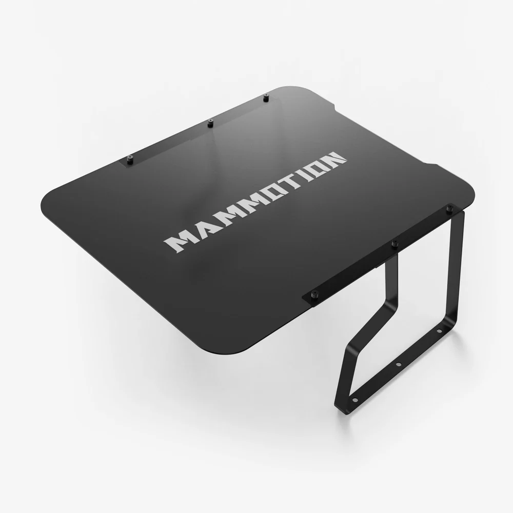 Fekete Mammotion robotfűnyíró-garázs: tetőlap Mammotion felirattal, oldalt hajlított fém tartókeret