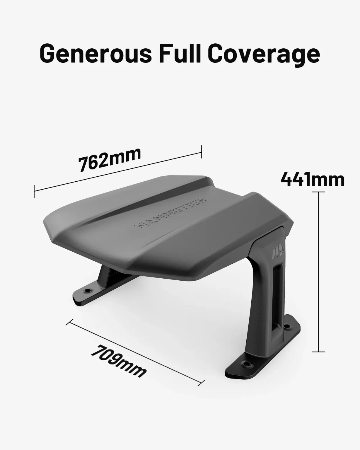 A Mammotion Univerzális garázs méretei: 762 mm széles tető, 709 mm hosszú talp, 441 mm magas